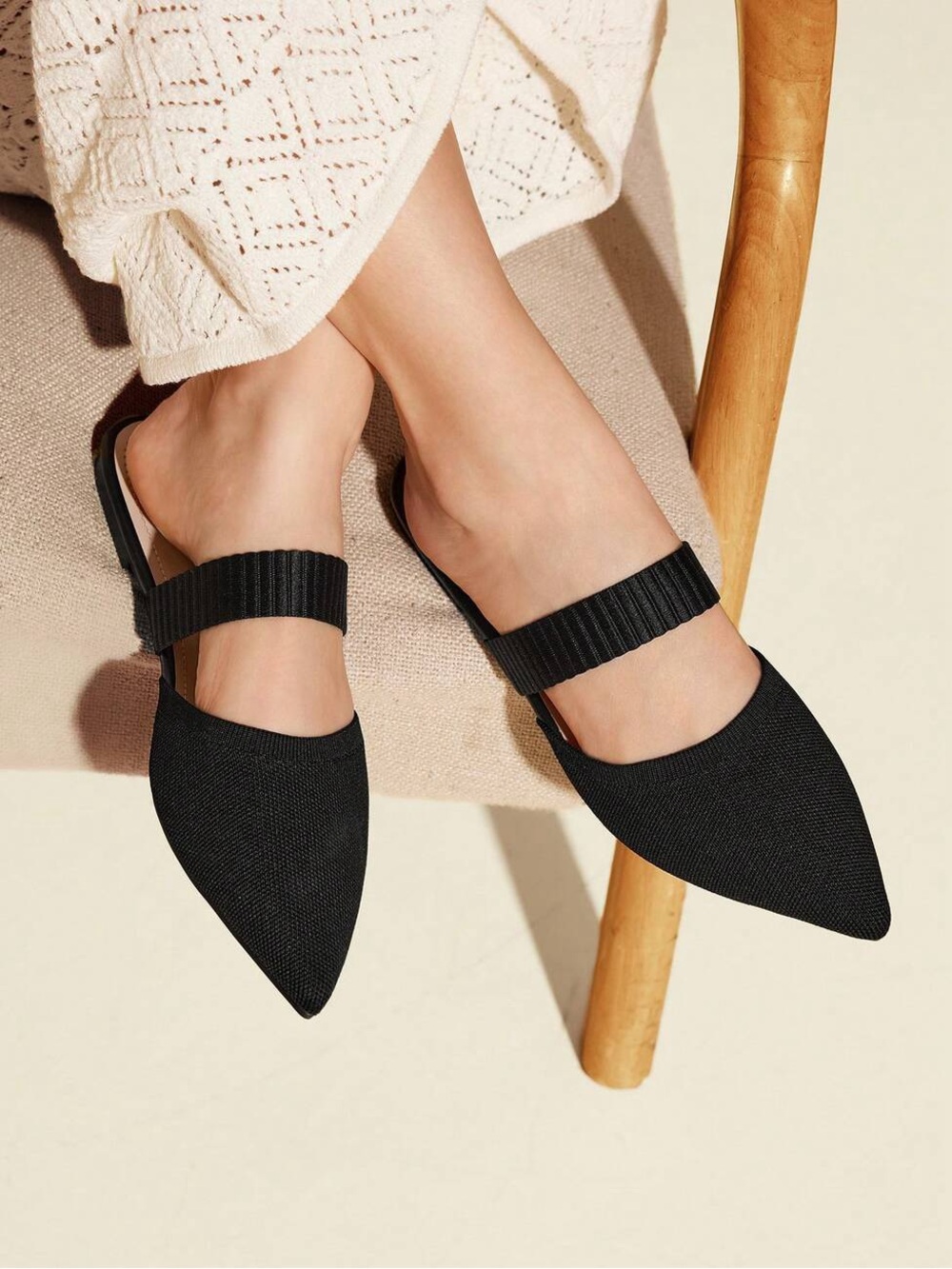 CUCCOO Knit Pointed Toe Mule Flats Black Elastic Strap Slip On Shoes Women’s 7